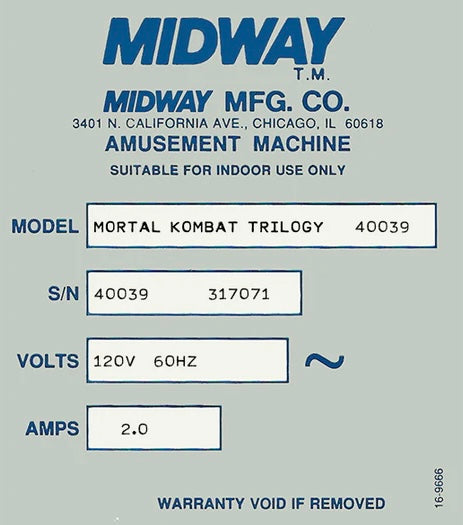 Étiquettes d'identification du numéro de série Midway &amp; Williams des années 90