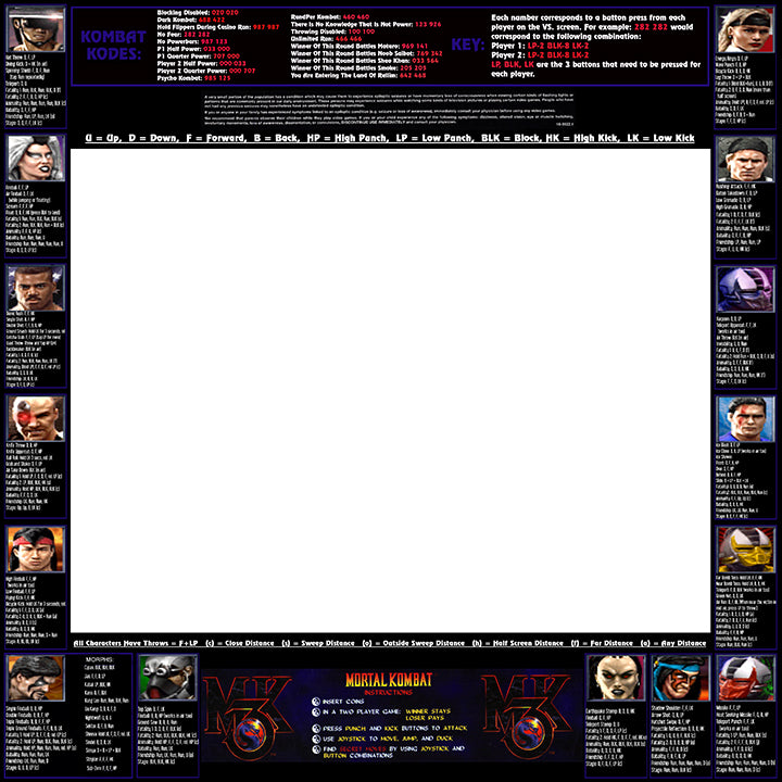 Mortal Kombat 3 Move List Bezel