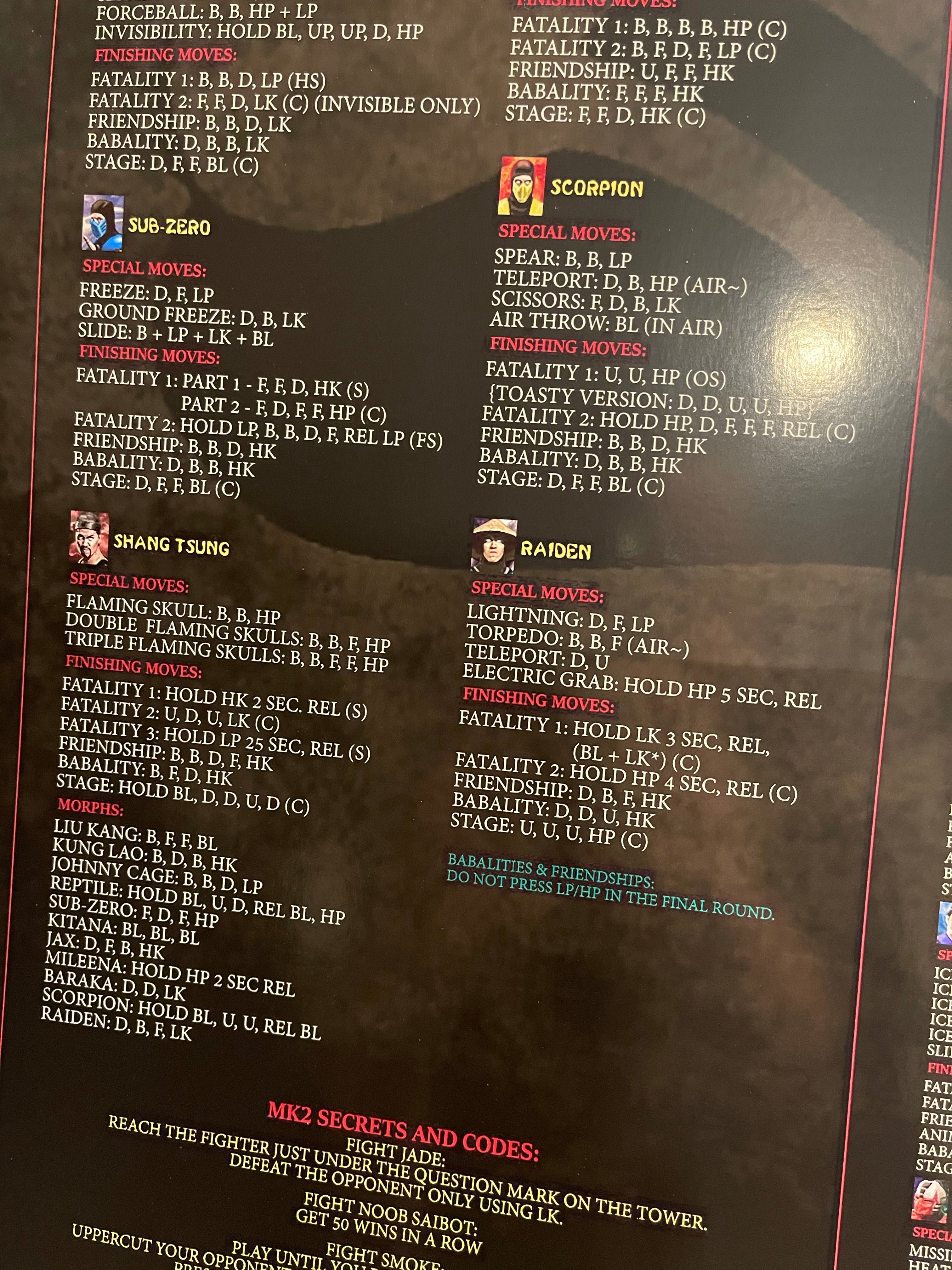 Mortal Kombat 1-3 Move List Poster